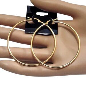 2 Inch 50mm Thin Hoop Pierced Post Earrings Gold Tone 2mm Band